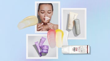 display of various skincare products with gel textures and an image of a person applying a product