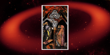 the three of pentacles tarot card on a starry background