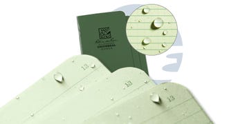 waterresistant notebook with visible water droplets on the pages and embossed numbering