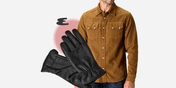 brown corduroy shirt with black gloves