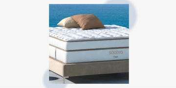 a saatva classic mattress with two pillows positioned in a scenic outdoor setting by the water