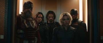 l r alexei shostakovred guardian david harbour, ghost hannah john kamen, bucky barnes sebastian stan, yelena belova florence pugh, and john walker wyatt russell in marvel studios' thunderbolts photo courtesy of marvel studios © 2024 marvel