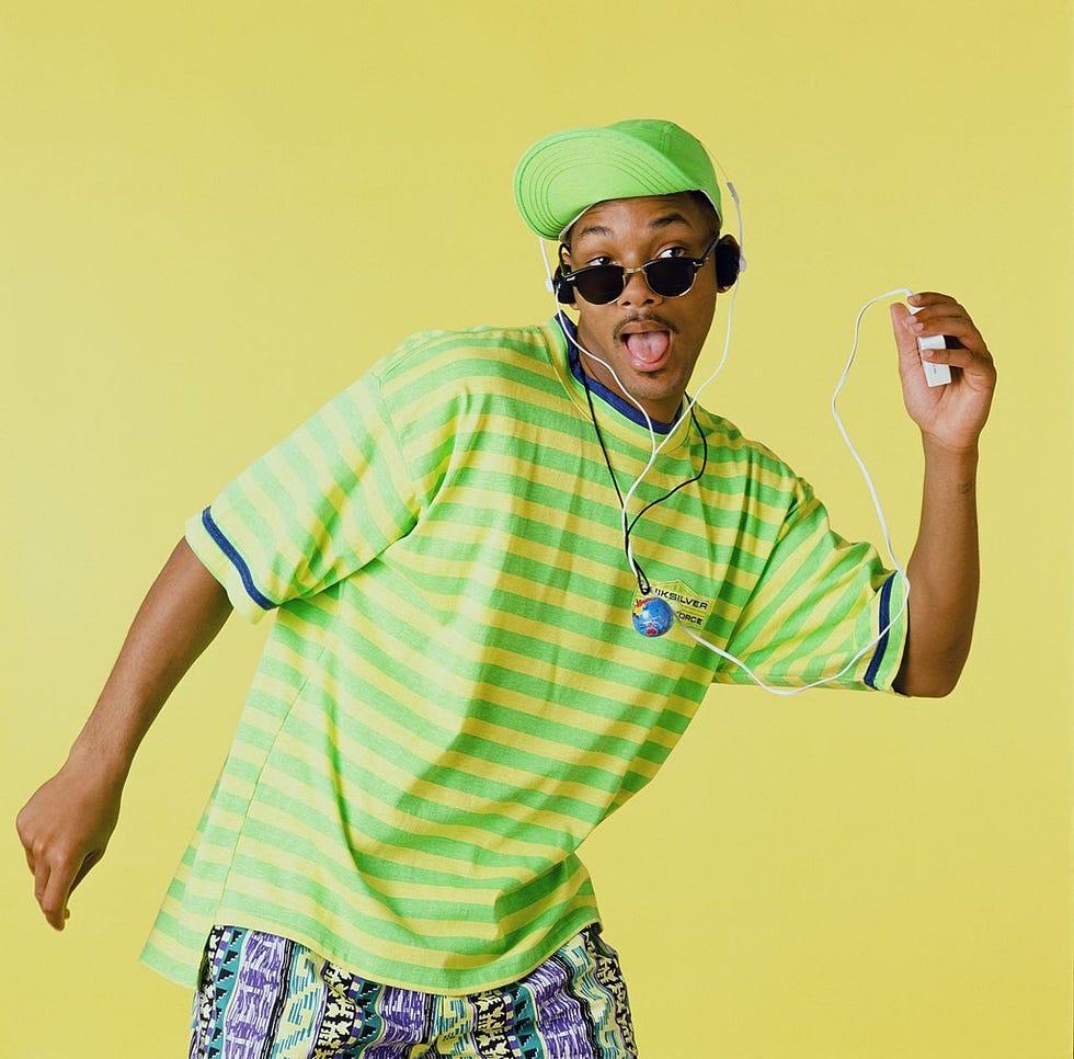 best 90s fashion trends, man wearing horizontal striped green and yellow shirt