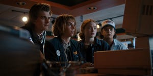 stranger things l to r joe keery as steve harrington, maya hawke as robin buckley, sadie sink as max mayfield, and gaten matarazzo as dustin henderson in stranger things cr courtesy of netflix  © 2022