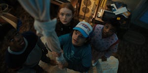 stranger things l to r caleb mclaughlin as lucas sinclair, sadie sink as max mayfield, gaten matarazzo as dustin henderson, and priah ferguson as erica sinclair in stranger things cr courtesy of netflix  © 2022