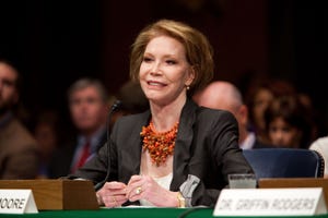 mary tyler moore sitting at a microphone looking up at a congressional panel