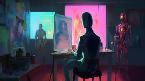 seated robot artist painting on digital screen