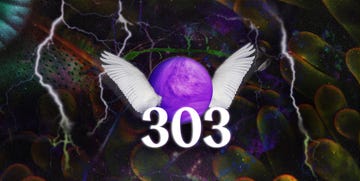 a purple planet with the number 303 beneath it