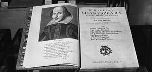 a book opened to its title page that includes a drawn portrait of william shakespeare on the left side and additional details about the book, including its name, on the right side