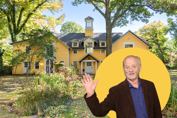 large yellow house in a woodsy area, with bill murray cutout and yellow circle overlaid on top