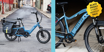 side by side of two aventon ebikes with a black friday badge