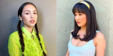 olivia rodrigo on the left with two long braided pigtails and constance wu on the right with brown straight hair and a gold headband