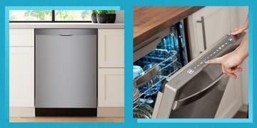 closed bosch dishwasher in kitchen, hand touching controls on midea dishwasher