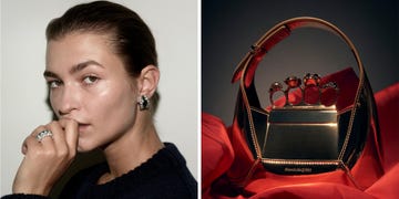 a composite of an alexander mcqueen bag and a model wearing dorsey jewelry in a guide to the best luxury gifts for women 2024