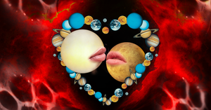 two planets kiss inside a heart, also made of planets