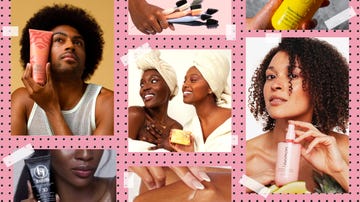 a collage of poc persons with a variety of beauty products from black owned beauty brands