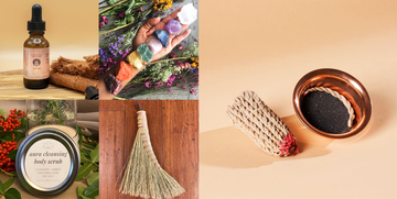 witch shops products, including oil, body scrub, crystals, a broom, and rope incense