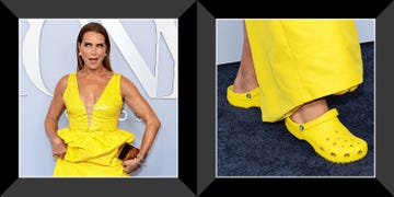 brooke shields wearing yellow dress and crocs at tony's