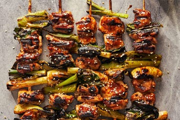 chicken, scallion, bok choy kebabs glazed with hoisin