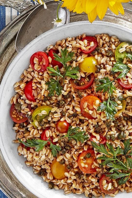 farro and tomato salad with crispy capers