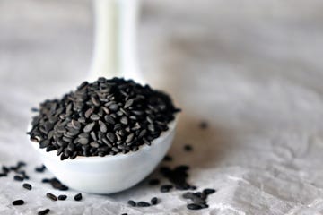 close up of black sesame seeds in a white ceramic spoon against white background