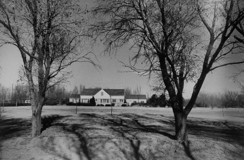 a large home sits on a plot of land, two trees without many leaves are in the foreground