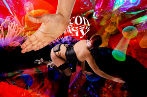 woman getting spanked by a massive hand against a colorful, psychedelic background