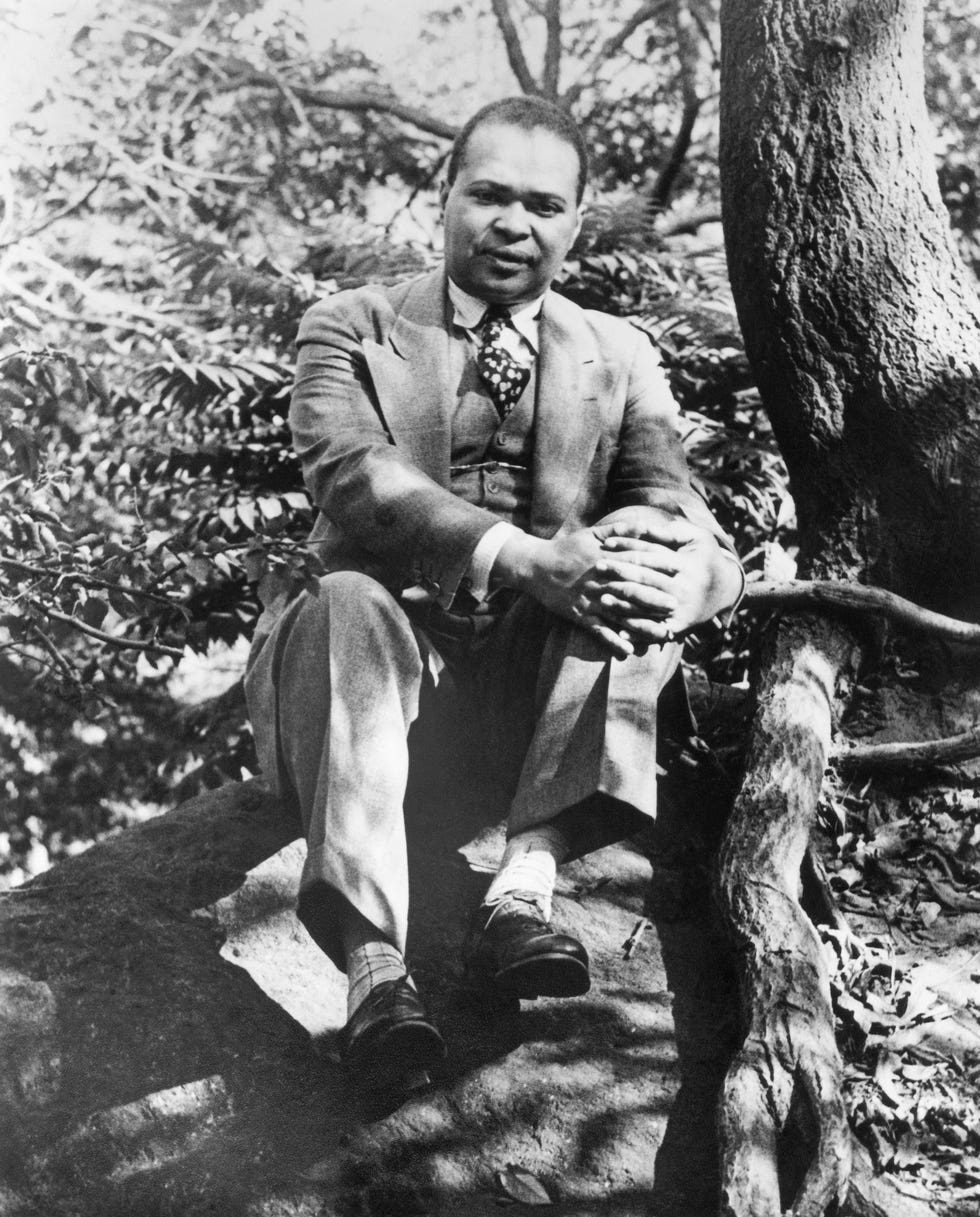 poet countee cullen sitting on a large rock next to a tree trunk and crossing his hands over a knee