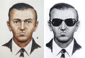 two pencil drawings of a straight faced man, he is in color on the left and wears sunglasses on the right