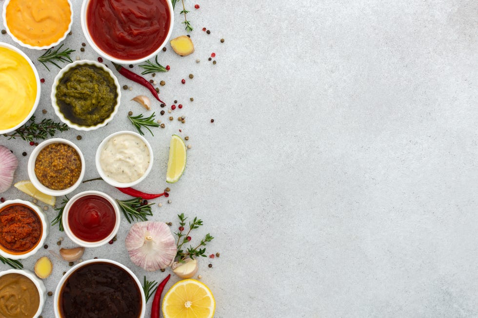 different types of sauces in bowls