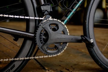 Closeup of a bicycle crankset and chain