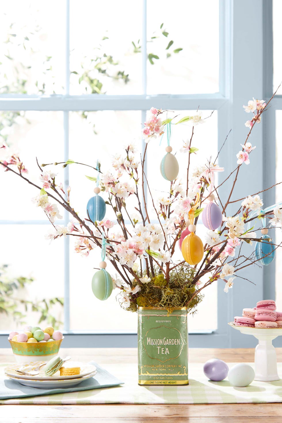 egg tree made dogwood branches on a buffet