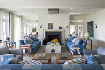 mark cunningham living room with blue sofas