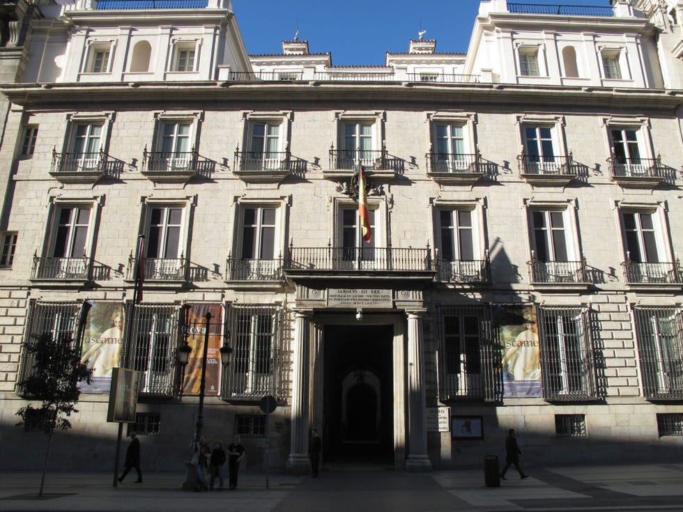 facade of royal academy of fine arts in san fernando, former palace of d juan de goyeneche, alcala street, madrid