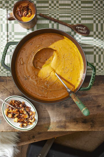 spiced carrot soup with savory sesame granola