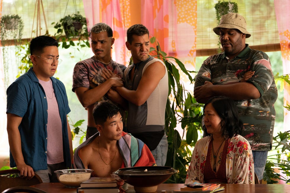 bowen yang, tomas matos, matt rogers, torian miller, joel kim booster and margaret cho in the film fire island