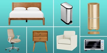 bed frame, trash can, cordless diffuser, desk chair, end table, arm chair, compact smart toaster oven