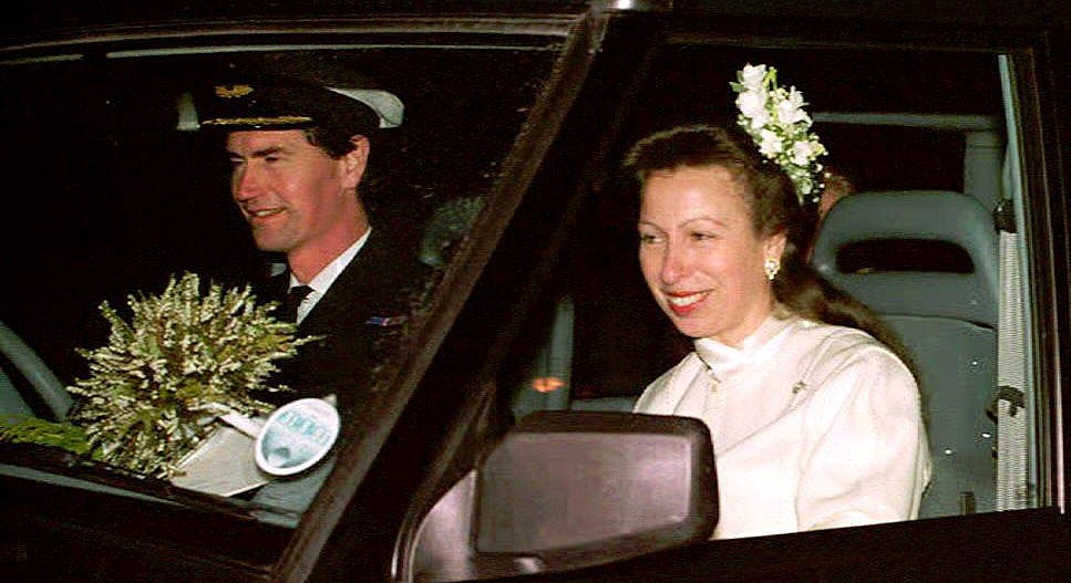 commander tim laurence l and britains princess anne are seen in their car after their wedding at crathie church 12 december 1992 in scotland photo credit should read epaafp via getty images