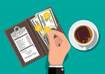 folder with cash coins and cashier check coffee cup thanks for the service in the restaurant money for servicing good feedback about the waiter gratuity concept vector illustration in flat style