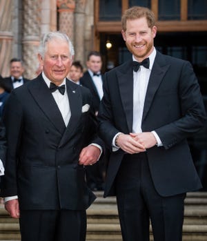 king charles and prince harry stand next to each other and smile, both men wear suit jackets, bow ties, and white collared shirts