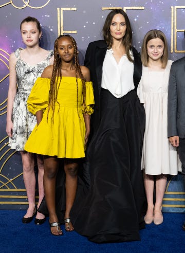 london, england october 27 l r shiloh jolie pitt, zahara jolie pitt, angelina jolie, vivienne jolie pitt attend the eternals premiere at bfi imax waterloo on october 27, 2021 in london, england photo by samir husseinwireimage