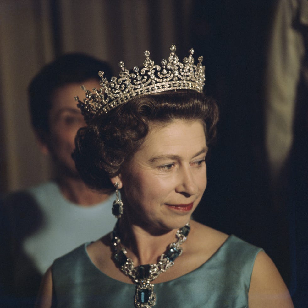 queen elizabeth ii in a crown and jewelled necklace, 1975 photo by serge lemoinegetty images