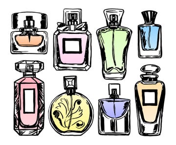 set of color perfume bottles sketch style vector illustration