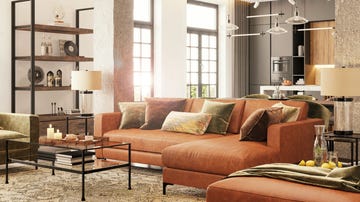 modern apartment living room interior and kitchen in the background large leather sofa with coffee table, armchair, carpet, pillows and lamps copy space template render