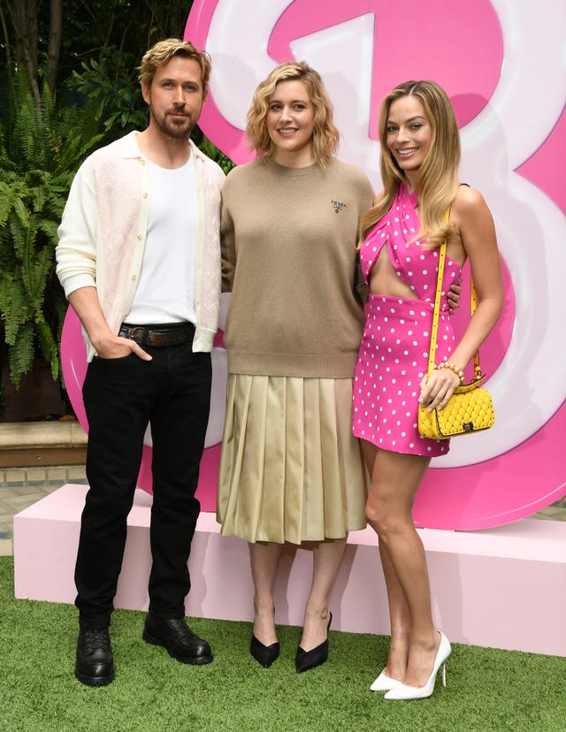 ryan gosling, greta gerwig, and margot robbie at a press junket and photo call for 'barbie'