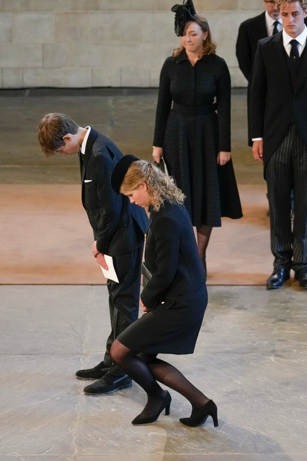 london, england   september 14 james, viscount severn and lady louise windsor pay their respects in the palace of westminster after the procession for the lying in state of queen elizabeth ii on september 14, 2022 in london, england queen elizabeth iis coffin is taken in procession on a gun carriage of the kings troop royal horse artillery from buckingham palace to westminster hall where she will lay in state until the early morning of her funeral queen elizabeth ii died at balmoral castle in scotland on september 8, 2022, and is succeeded by her eldest son, king charles iii  photo by christopher furlonggetty images