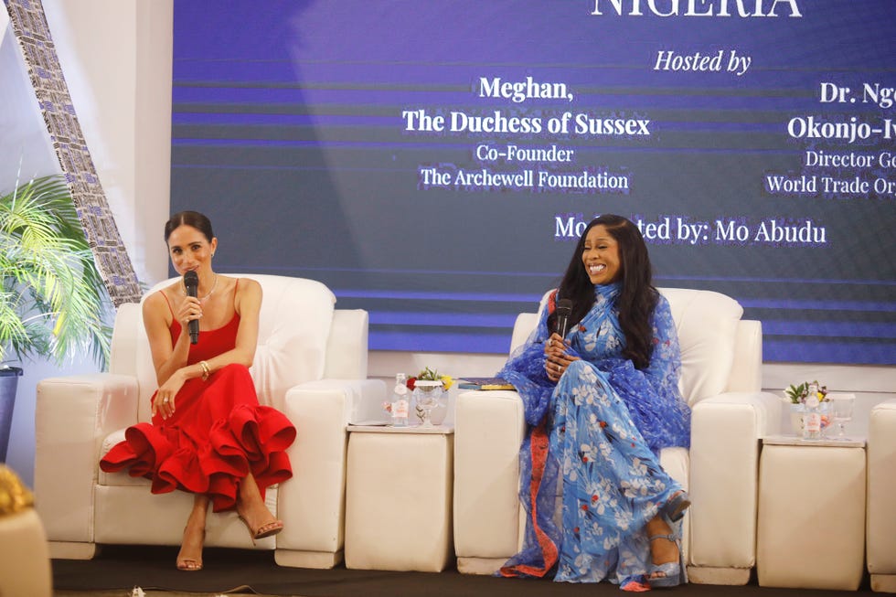 abuja, nigeria may 11 editorial use only meghan, duchess of sussex speaks at a women in leadership event co hosted with ngozi okonjo iweala on may 11, 2024 in abuja, nigeria photo by andrew esiebogetty images for the archewell foundation