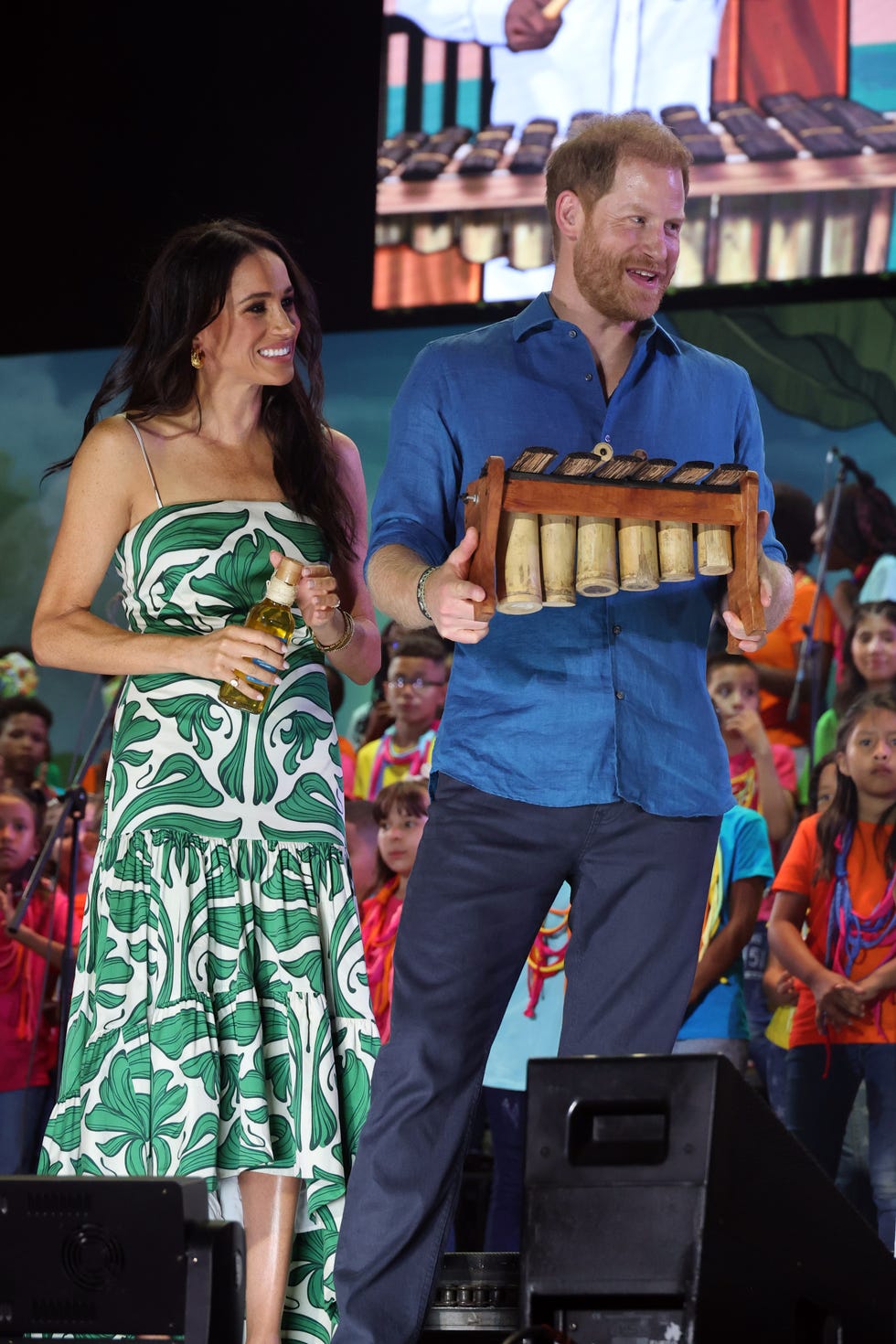 cali, colombia august 18 meghan, duchess of sussex and prince harry, duke of sussex are seen onstage at the petronio music festival during the duke and duchess of sussex colombia visit on august 18, 2024 in cali, colombia photo by eric charbonneauarchewell foundation via getty images