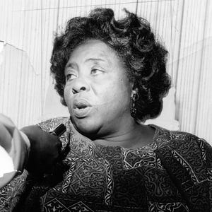 fannie lou hamer speaks into a microphone and looks to the left of the camera, she wears a patterned shirt and dangling earrings