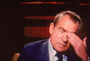 screen capture of former american president richard milhous nixon 1913 1994 rubs his head during an interview on frost on america, a television program hosted by british newscaster sir david frost, monarch bay, california, april 1977 photo by john brysongetty images